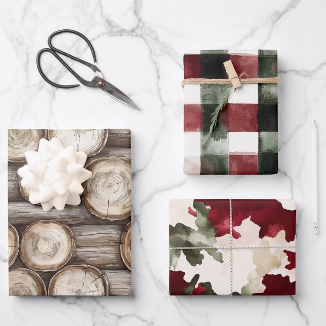 Wood Log Cabin Red Green Christmas Wrapping Paper Sheet (Front)