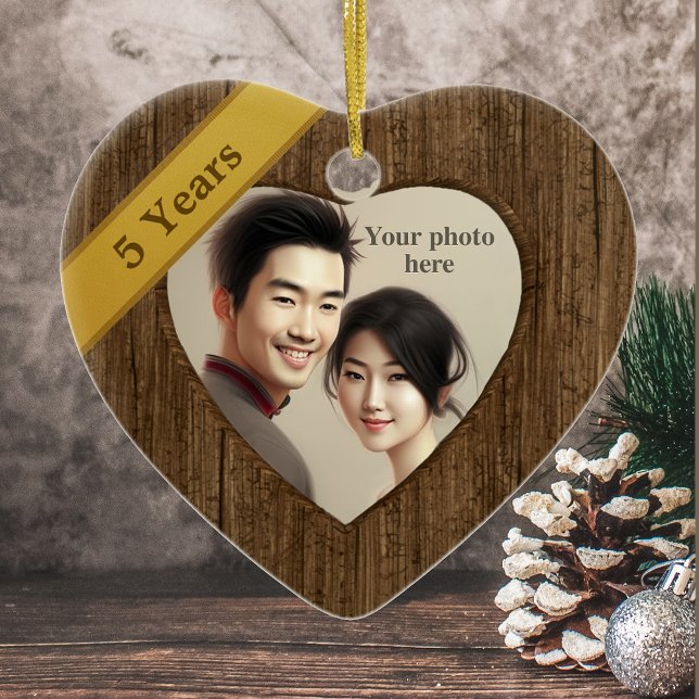 Wood Look 5th Anniversary: Add a Photo Ceramic Ornament (Creator Uploaded)