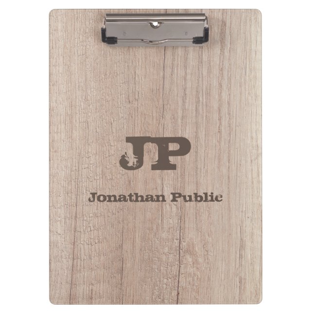 Wood Look Distressed Text Name Monogrammed Clipboard (Front)