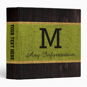 Wood Look Green Burlap Rustic Monogram Binder