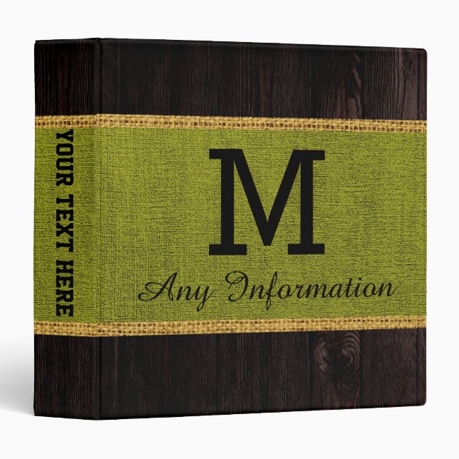 Wood Look Green Burlap Rustic Monogram Binder (Front/Spine)