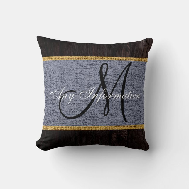 Wood Look Grey Burlap Rustic Monogram Throw Pillow (Front)