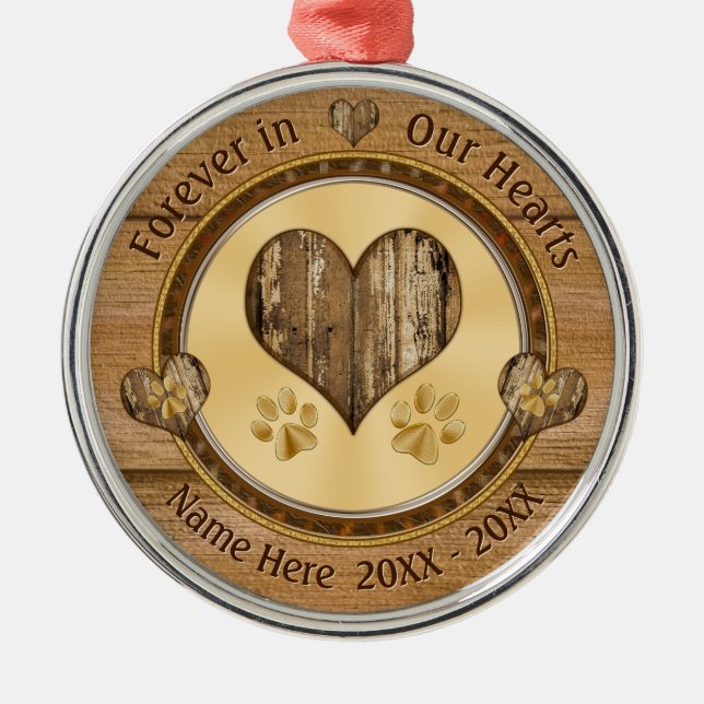 Wood Look Hearts and Paws Dog Passed Away Gift Metal Ornament (Front)