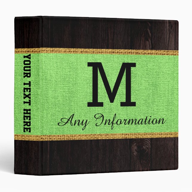 Wood Look Mint Green Burlap Rustic Monogram Binder (Front/Spine)