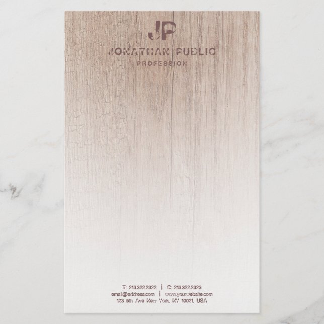Wood Look Monogram Elegant Template Modern Stationery (Front)