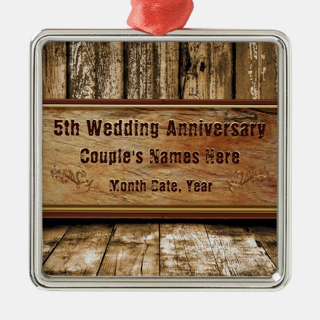 Wood look Personalized 5 year anniversary ornament (Front)