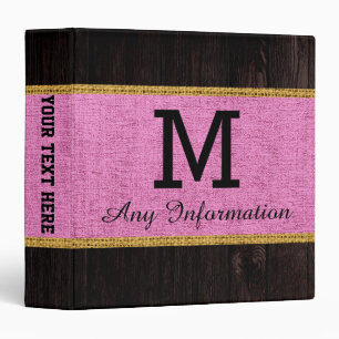 Wood Look Pink Burlap Rustic Monogram Binder
