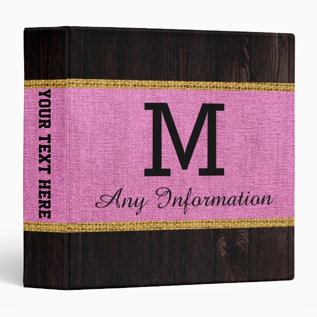 Wood Look Pink Burlap Rustic Monogram Binder (Front/Spine)