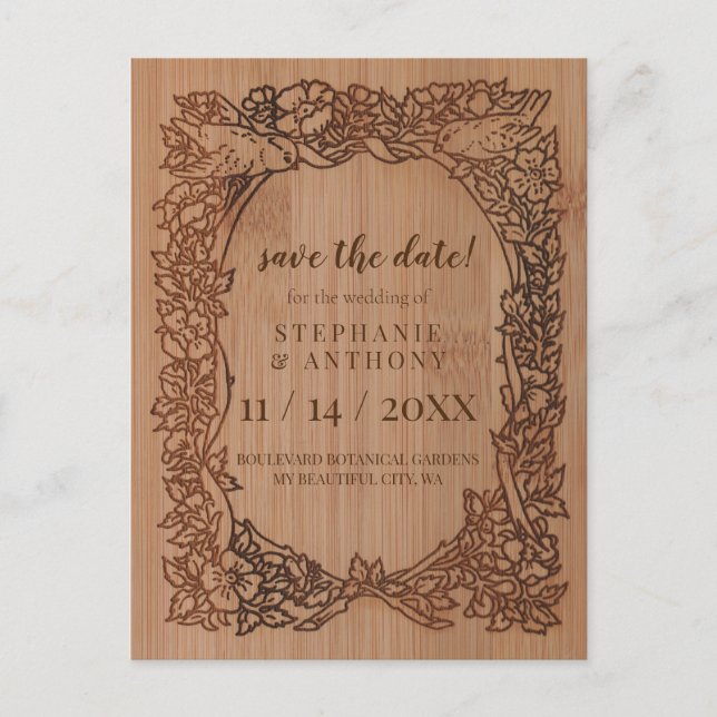 Wood Look Rustic Wildflower Bird Border Save Date Announcement Postcard (Front)