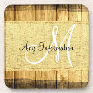 Wood Look Vintage Burlap Rustic Monogram Coaster
