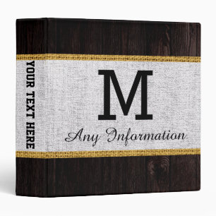 Wood Look White Burlap Rustic Monogram Binder