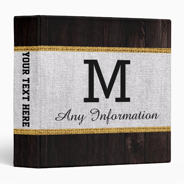 Wood Look White Burlap Rustic Monogram Binder (Front/Spine)