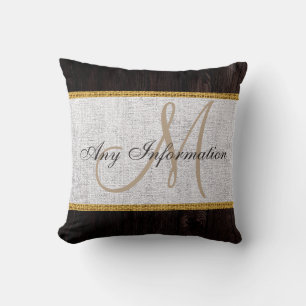 Wood Look White Burlap Rustic Monogram Throw Pillow