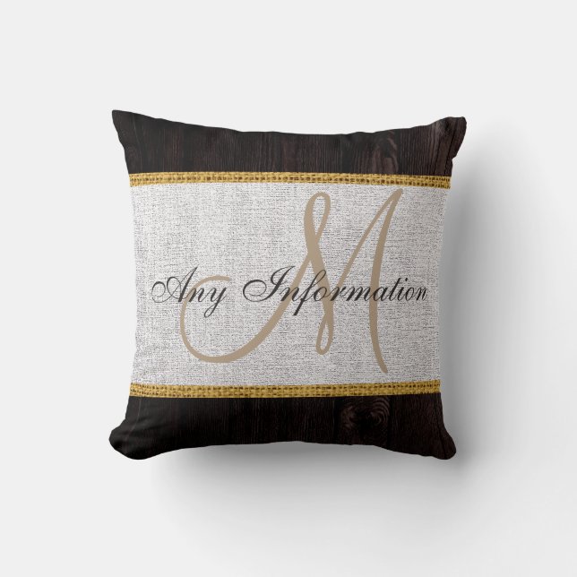 Wood Look White Burlap Rustic Monogram Throw Pillow (Front)