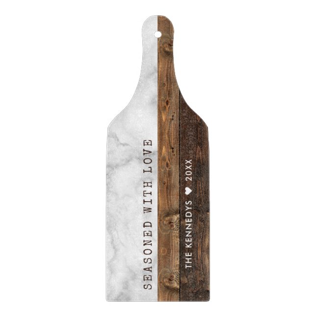 Wood Marble Seasoned With Love Quote Family Name Cutting Board (Front)