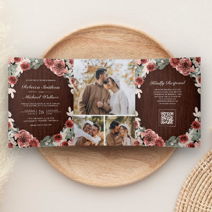 Wood Marsala Floral Photo Collage QR Code Wedding Tri-Fold Invitation