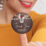 Wood Mason Jar Burgundy Flower Wedding Thank you Classic Round Sticker<br><div class="desc">This burgundy and blush pink floral mason jar wedding design can be personalized with your information. It may be further customized by choosing the click to customize further option. You may change the text colour and style, some backgrounds and delete some images. Please see my collections for more in this...</div>