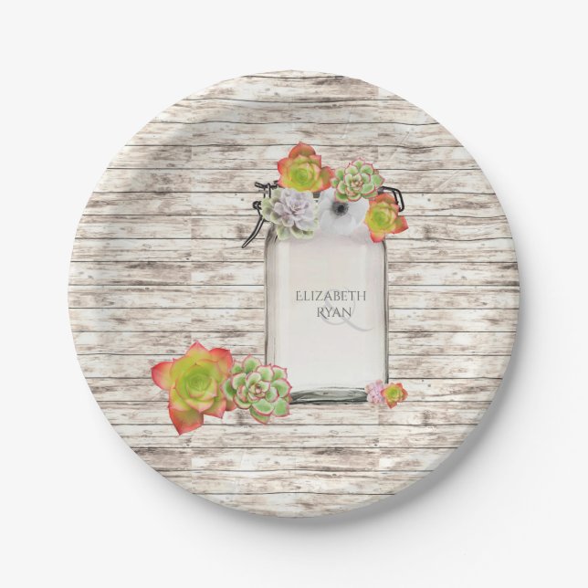 Wood, Mason Jar, Succulents, Wedding, Custom, Paper Plate (Front)