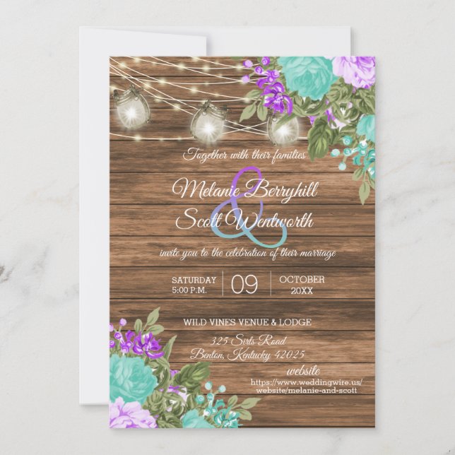 Wood, Mason Jars and Teal, Purple Flower Invitation (Front)
