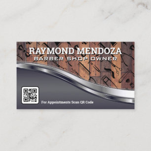 Wood Metallic QR Code Barber Shop Pattern Business Card