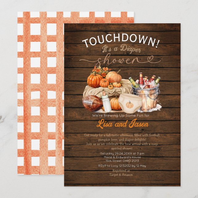 Wood Milk & Football Pumpkin Fall Diaper Shower Invitation (Front/Back)