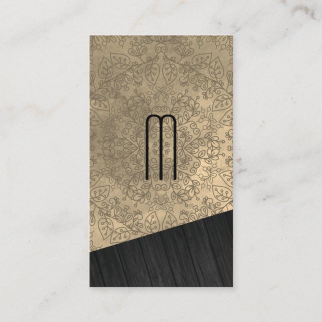 Wood Monogram with Mandala Pattern Business Card (Front)