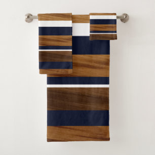 Wood Navy Blue White Stripes #1 Bath Towel Set
