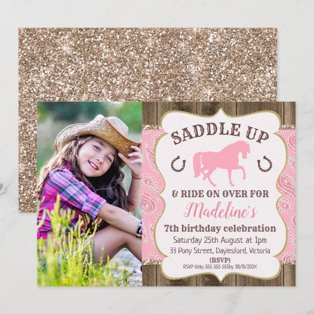 Wood Paisley Glitter Horse Birthday Invitation (Front/Back)