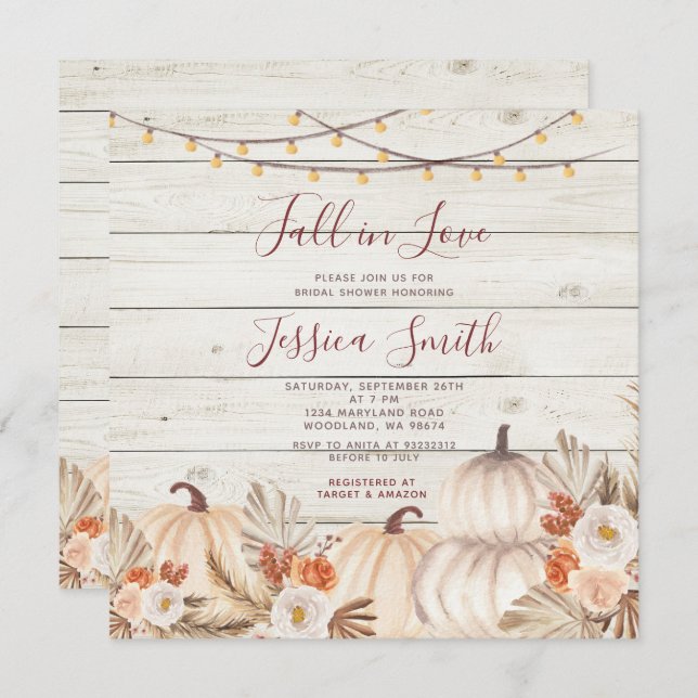 Wood Pampas Grass Pumpkin Fall in Love Shower Invitation (Front/Back)