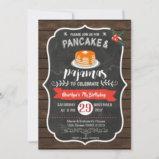 Wood Pancake and Pyjamas Birthday Invitation (Front)