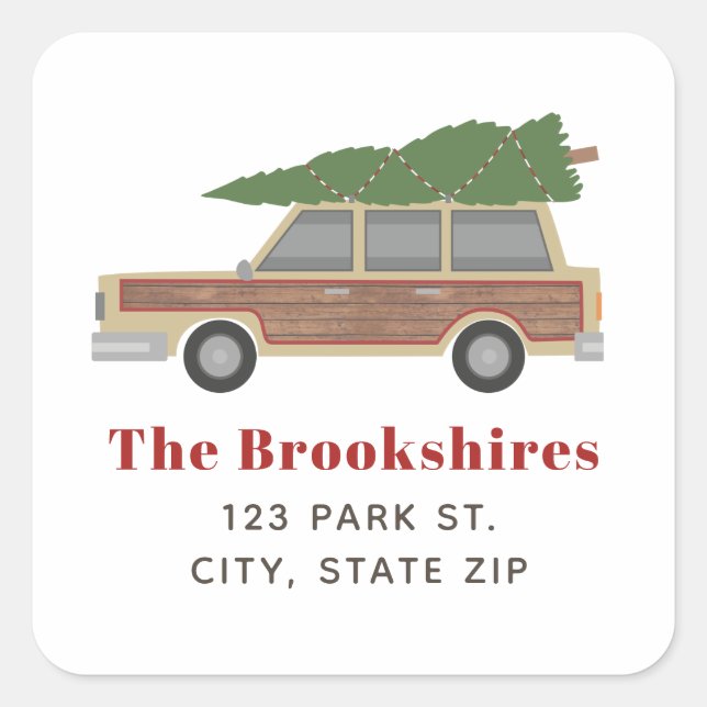 Wood Panel Car Christmas Tree Address Square Sticker (Front)