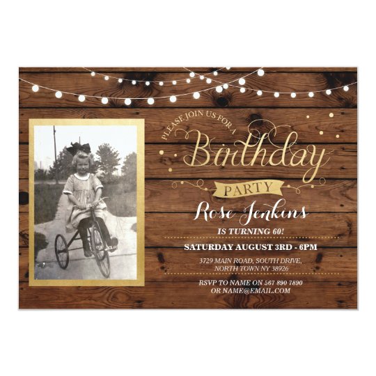 Wood Photo Birthday Lights Rustic Invitation
