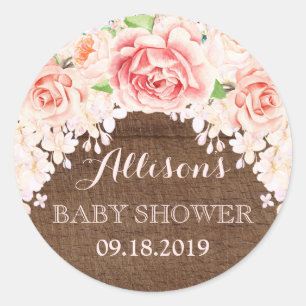 Wood Pink Watercolor Flowers Baby Shower Favour Classic Round Sticker
