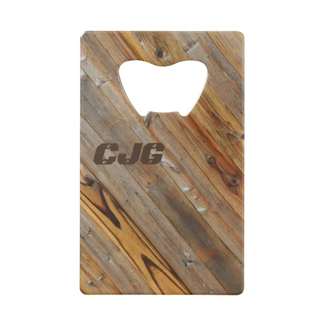 Wood Plank Diagonal Monogram Credit Card Bottle Opener (Front)