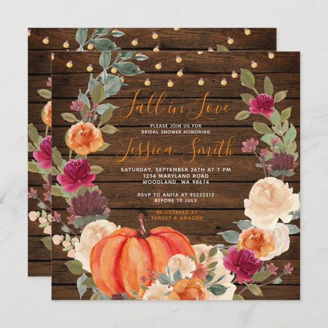 Wood Pumpkin Orange Fall in Love Bridal Shower  Invitation (Front/Back)