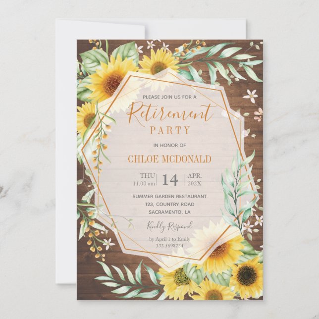 Wood Retirement Party invitation with sunflowers (Front)