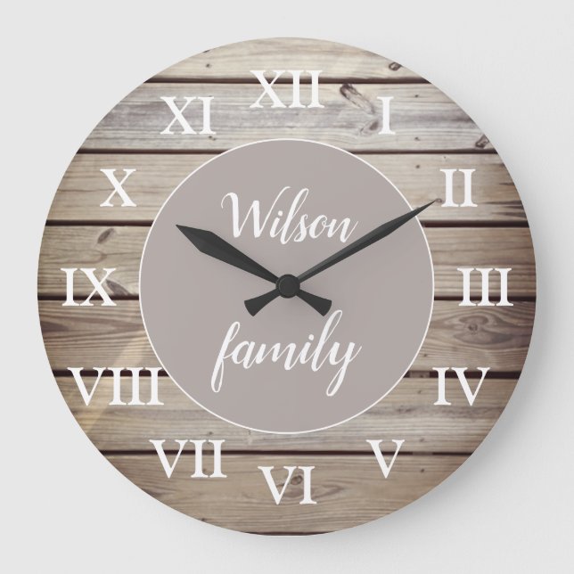 Wood Roman Numerals Family Name Custom Large Clock (Front)