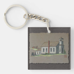 Wood Rural Church Keychain