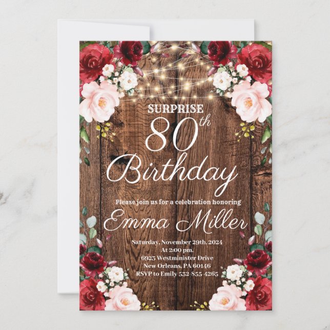 Wood Rustic Burgundy Floral Surprise 80th Birthday Invitation (Front)