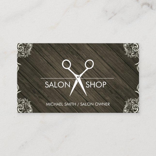 Wood Rustic Fancy Corners Business Card (Front)