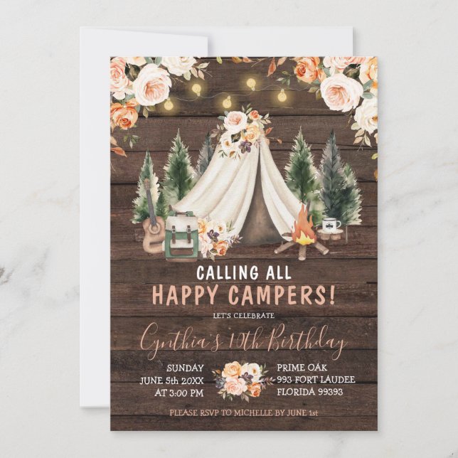 Wood Rustic Girl Camping Invitation d'anniversaire (Devant)