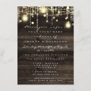 Wood Rustic Gold Lights Birthday Bridal Shower Invitation