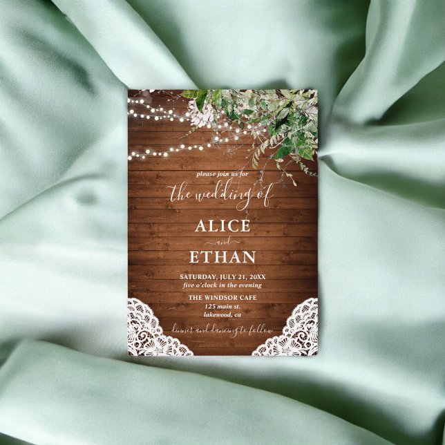 Wood Rustic Greenery Script Wedding Invitation (Creator Uploaded)