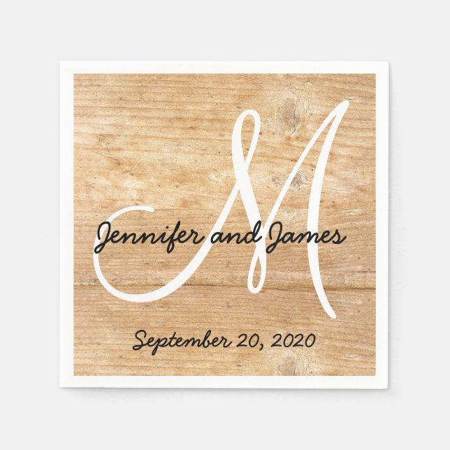 Wood Rustic Monogram Names Wedding Napkin (Front)
