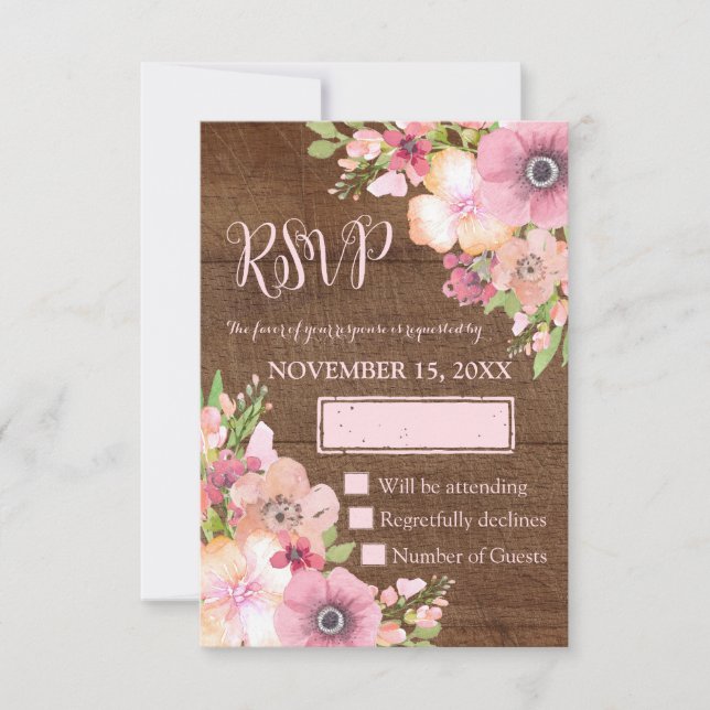 Wood Rustic Pink Flowers Wedding RSVP (Front)