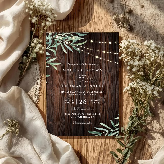 Wood Rustic String Light Country QR Code Wedding Invitation (Creator Uploaded)