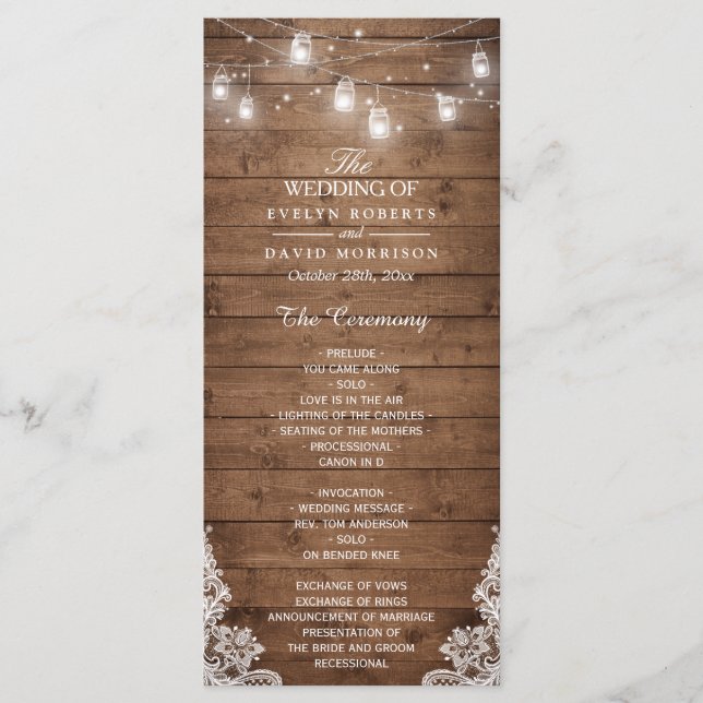 Wood Rustic String Lights Lace Wedding Program (Front)