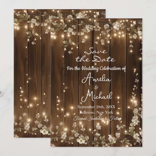 Wood Rustic String Lights White Floral  Save The Date (Front/Back)