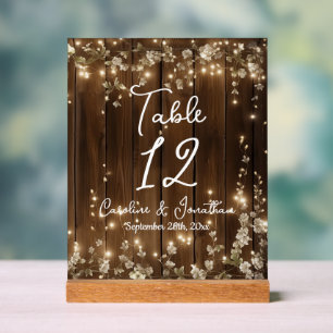 Wood Rustic String Lights White Floral Table No. Acrylic Sign