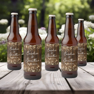 Wood Rustic String Lights White Floral Wedding Beer Bottle Label